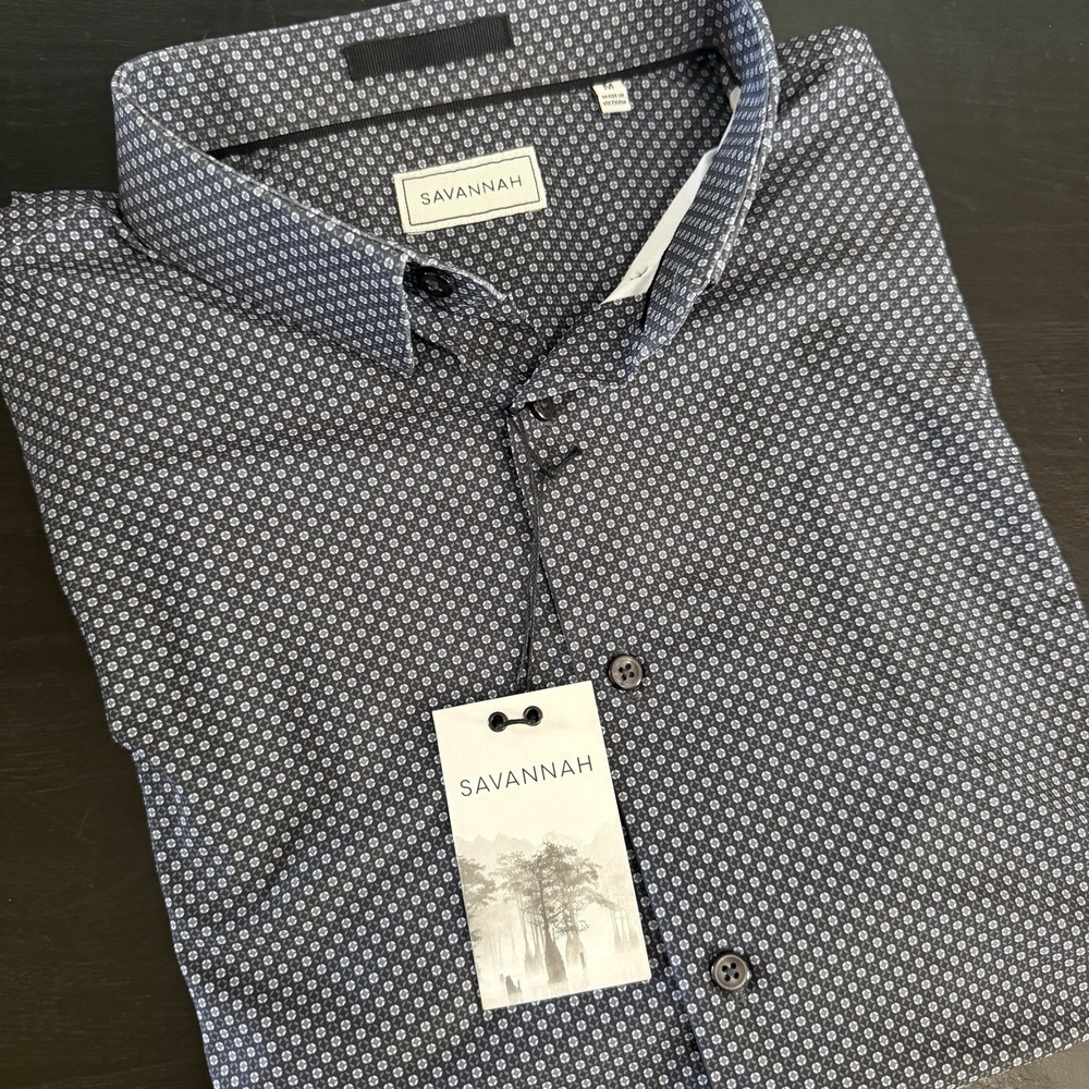 Savannah Performance Mens M Button Up Dress Shirt Black Geometric Lightweight